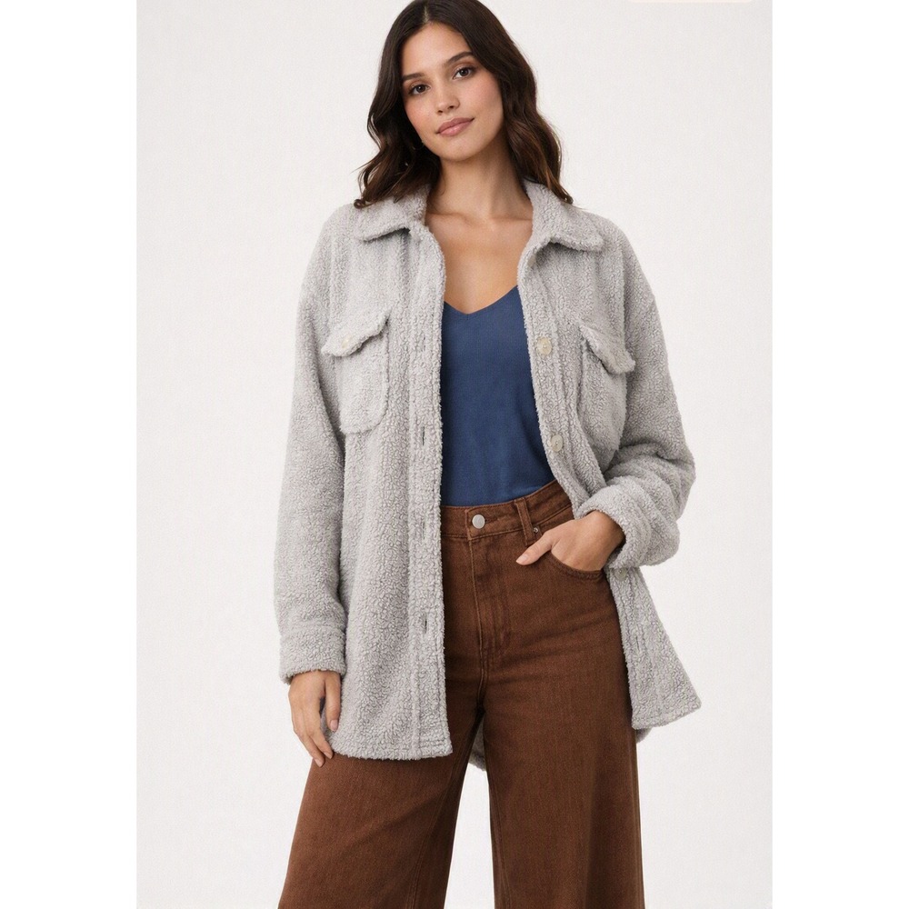 Oversized Long Pile Sherpa Shacket Gray Fleece Button Up Jacket Cozy Fall Layers